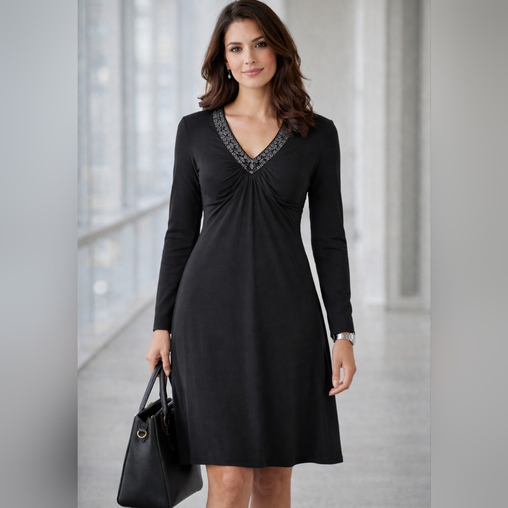 Gemini And Libra Womens Black Embellished Empire Waist Dress Size Large Chic